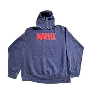Marvel Logo Hooded Sweatshirt Men's XL Blue & Red Cotton Blend Kangaroo Pocket